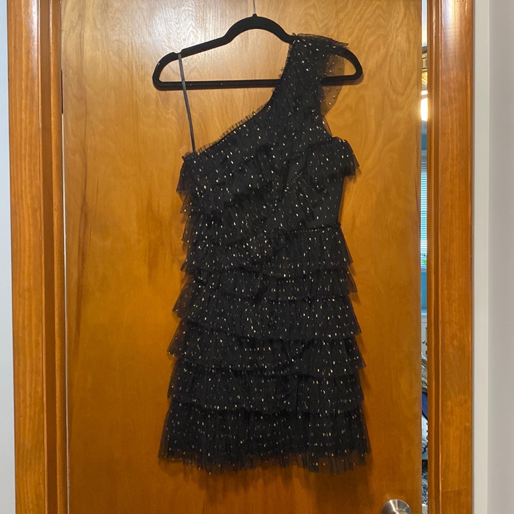 One shoulder short black with gold specks dress. NEVER WORN. With tags.